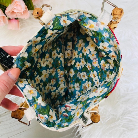 VINTAGE TROPICAL PALM HIBISCUS BAMBOO HANDBAG - Picture 4 of 4